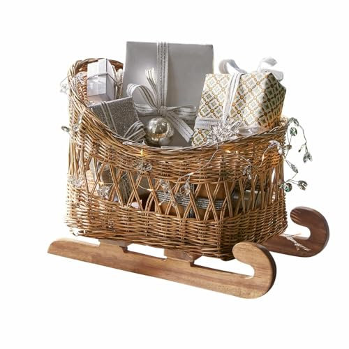 Loberon Deko-Schlitten Quileta, Handgeflochten, für Dekoration & Geschenke, Weihnachtliches Dekoobjekt, Weihnachten, Winterdeko, Rattan, Kiefernholz, braun
