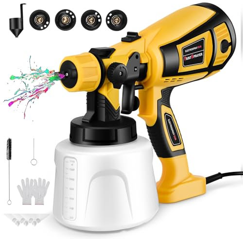 Helangel Paint Sprayer,1400ml HVLP Spray Gun with 4 Nozzles and 3 Patterns Handheld Electric Spray Gun for Home Interior and Exterior Cabinets House Fence, Yellow