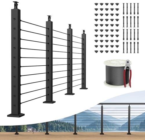 BLIKA 12FT-20FT Complete Set 36 Cable Railing Post Kit, Black Surface Mount Cable Railing Post, Swageless Deck Railing System Include 4Pack Level Posts, 300FT 1/8 Stainless Cable(No Handrail)