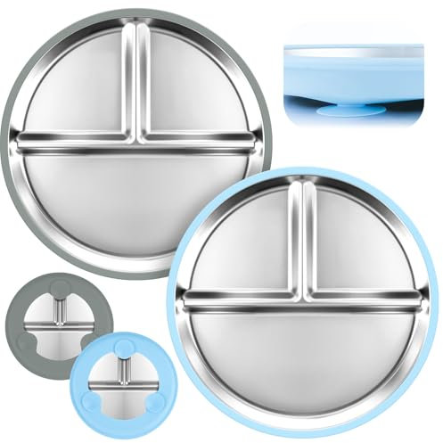 MINISOISO 2 Stück Edelstahl Babyteller mit Saugnapf, 23CM Kinderteller mit Saugnapf mit 2 Abnehmbarem Silikonhüllen, Geteilte Kinder Teller, BPA-Frei, Auslaufsicher, Spülmaschinenfest