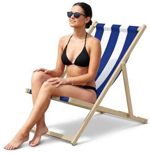 Crystals Folding Wooden Deck Chair – Blue & White Striped Beach Lounger, Garden Recliner Chair for Outdoor Relaxing, Portable Seaside Sun Chairs, Classic Foldable Wood Frame Patio Seat