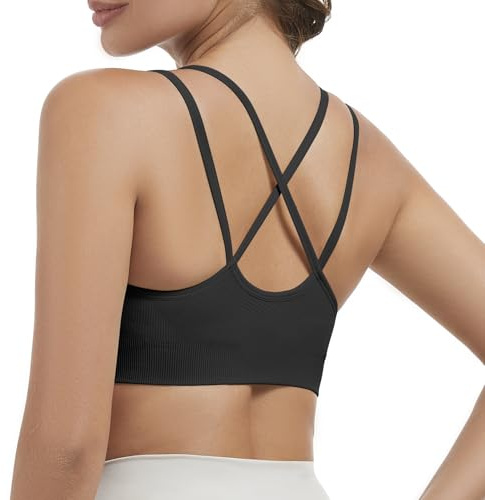Nabawa Strappy Sports Bras for Women Crisscross Back Medium Support Yoga Bra Unpadded Gym Workout Fitness Crop Top,Black S