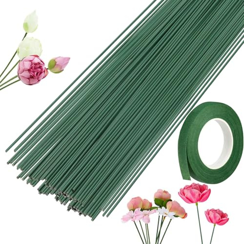 YIKUBO 50PCS Green Florist Wire 2.2mm,30cm long with 1 Roll of Flower Tape, Wire Starms Floristry Supplies for Bouquet Wrap Florist Crafts DIY Kits