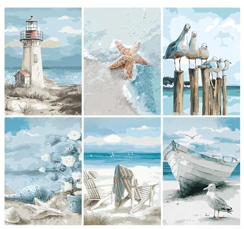 HTGWCG 6 Packs Paint by Numbers for Adults, Sea View Ring Art DIY Acrylic Oil Painting Paint by Numbers Kits on Canvas,Adult Paint by Number Kits Drawing Paintwork for Home Decor