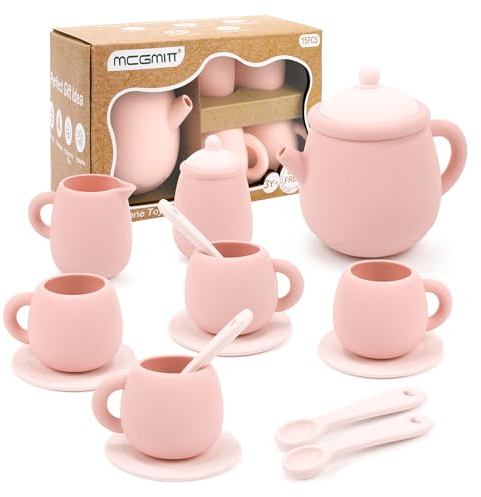 MCGMITT Teeservice Kinder Silikon, 15-teilig Rollenspiel Teeparty Spielzeug BPA-frei Küchenzubehör Kleinkind Mädchen Jungen 3 4 5 Jahre Pretend Play Teekanne Tassen Nachmittagstee Lernspielzeug