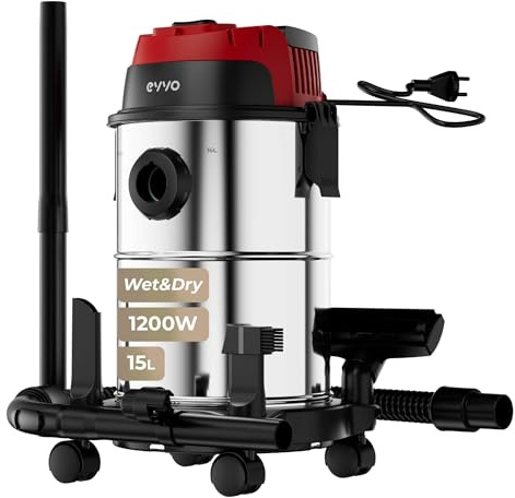 EVVO Aspirador de Sólidos y Líquidos AE84 – Aspiradora Wet & Dry 1380W, Depósito INOX 20 L, Succión 16 kPa, Filtro HEPA F7, Función Soplado con Válvula, Aspiradora Potente para Hogar, Taller y Coche