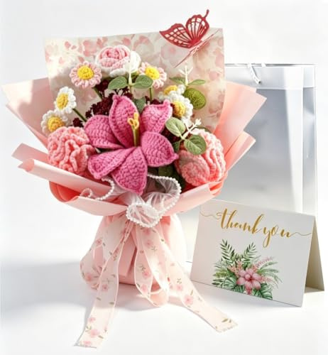 Handmade Crochet Flower Bouquet - Knitted Lily with Butterfly & Gift Bag | Sturdy Standing Base Artificial Floral Arrangement, Unique Mother's Day Birthday Gift for Her