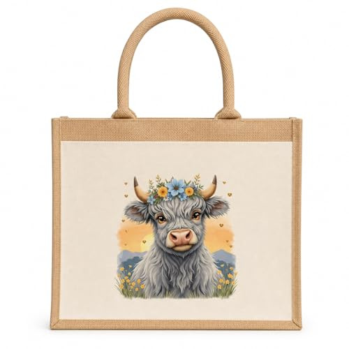 Small Highland Cow Jute Gift Bag Laminated Mini Tote with Handles Lunch, Birthdays and Highland Gifts – Reusable Eco Small Also in Grey 26x22x14cm