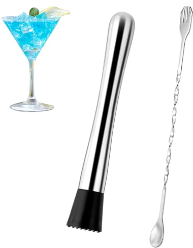 Giantree Cocktail Stößel Edelstahl mit Cocktaillöffel, Rührlöffel Cocktail Zubehör Mashing Juice Crush Ice Bar Eiszerkleinerer Stampfer Bartending Werkzeuge Langer Stiel Rührstab（2 Stück）