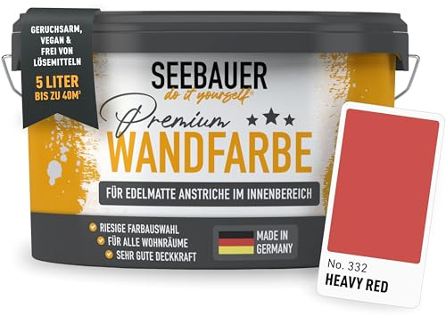 SEEBAUER diy Wandfarbe Rot 5L für Innen (No. 332 Heavy Red) Edelmatte rote Innenfarbe - Rottöne sehr hohe Deckkraft - Matt, Abwaschbar und Tropffrei