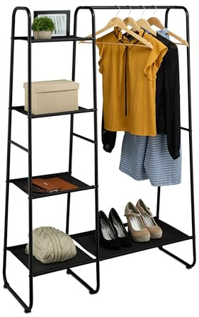 Relaxdays Perchero de Pie Metálico, 5 Baldas, Colgador Ropa con Barra y Estantería, 151x100x41cm, Armario Abierto, Negro, Hierro