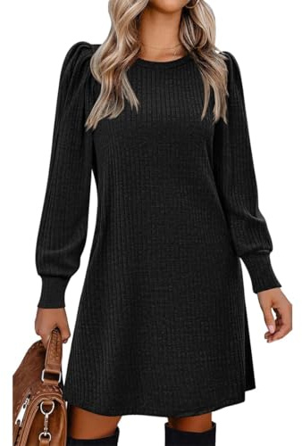 Hanaoops Women Jumper Dress Long Sleeve Knitted Winter Bodycon Mini Dresses Crew Neck Tunic Ribbed A-line Sweater Dress Ladies Casual Party Elasticity Loose Basic Pullover Dresses with Side Pockets