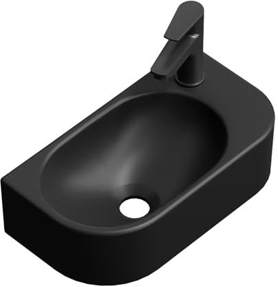 EMKE Lavabo Suspendido 400 x 215 x 120 mm – Lavabo Compacto y Elegante para Pequeños Baños y WC de Invitados – Grifo a la Derecha, Instalación en la Pared,Negro Mate
