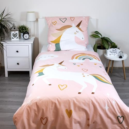 Theonoi Set 2 teilig Kinder Bettwäsche Bettbezug Wendebettwäsche 135x200 80x80 Baumwolle Kinderbettwäsche Öko-Tex Standard Deutsche Standardgröße (Unicorn)