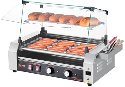 VEVOR Hot Dog Roller, 18 Hot Dog 7 Rollers, Stainless Steel Sausage Grill Cooker, 1050W Commercial Hot Dog Machine with Dual Temp Control, Cover, Side Storage Box, Removable Shelf & Oil Drip Tray