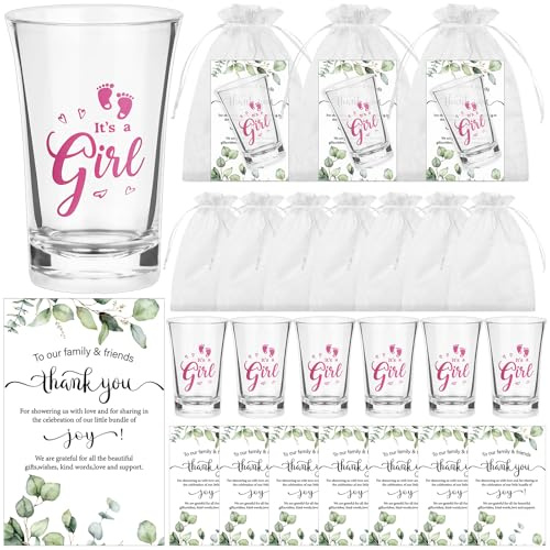 ULELE 60 juegos de recuerdos de baby shower para invitados, regalo de fiesta temática para niños y niñas con vasos de chupito de acrílico transparente, tarjeta de agradecimiento, bolsa de organza