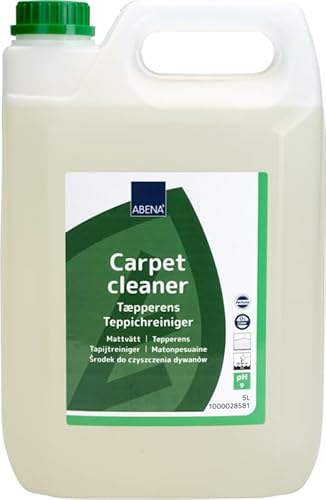 ABENA Detergente per tappeti da 5 l, perfetto per eliminare la sabbia e le macchie di animali domestici, come vino rosso, grasso, caffè e altro ancora. Il detergente per tappeti è un'aggiunta