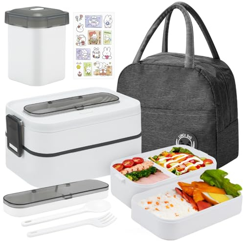SICANAUO 2 Nivel (1600ml) Caja de almuerzo, Caja Bento con cubiertos | Bolsa aislada, Cajas de almuerzo Bento con compartimentos ajustables, Cajas de almuerzo portátil a prueba de fugas para adultos