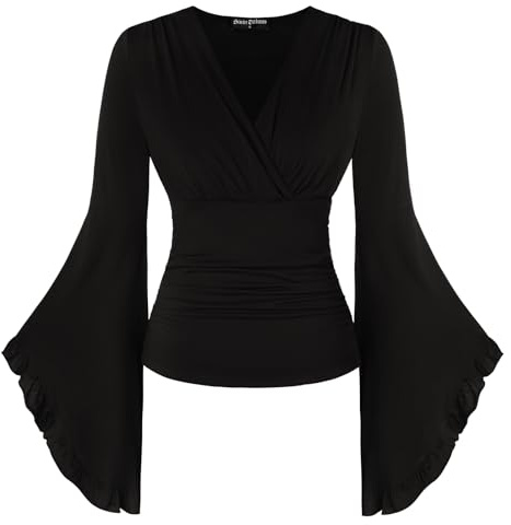 SCARLET DARKNESS - Camicetta da donna rinascimentale con corsetto, scollo a V, medievale con maniche arrotolate, Nero , L