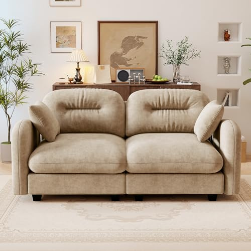 MZDOO 74 Loveseat for Living Room, Comfy Chenille Fabric Cloud Sectional Couch, Modern Upholstered Deep Seat Sofa with Armrest Pillow, Two Seater Couch for Small Spaces, Camel