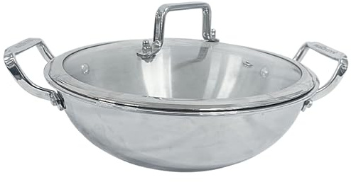 Reldor 36 cm Triply Stainless Steel Wok with Lid (Kadhai), Induction Friendly Cooking Pot, Durable Cookware, Deep Frying Pan, Oven Safe up to 300°C, Dishwasher Safe, Ergonomic Handles