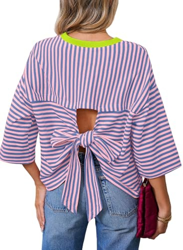 Dokotoo Tops for Women Short Sleeve Oversized T Shirts for Summer 2026 Casual Striped Colorblock Tees Fashion Outfits Plus Size Pink 2X