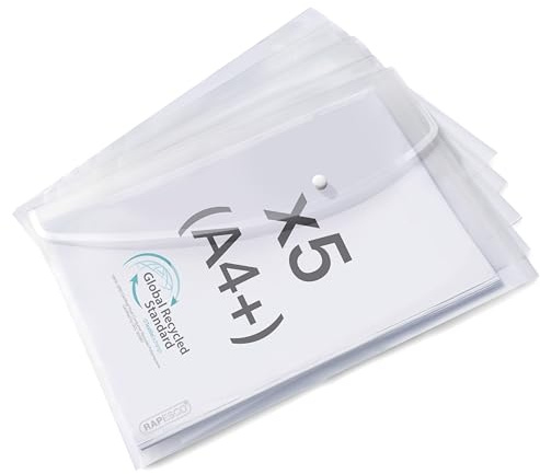Rapesco 1840 ECO Recycled Popper Wallets, A4+,Pack of 5 | Clear Transparent