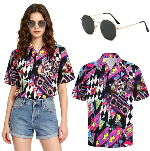 YYDSXK Tenue hawaïenne des années 80 pour femme, manches courtes, été et lunettes de soleil, tenue des années 90 pour femme, pour décontracté, vacances, carnaval