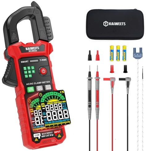 KAIWEETS Pinza Amperometrica Digitale 600A TRMS, Auto Misurazione Intelligente, 6000 Counts, Corrente e Tensione AC/DC, NCV, Corrente di Spunto, Resistenza, Capacità, Temperatura, Test Diodi e Continu