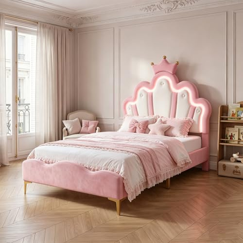 DULRLLY Barnsäng för flickor, 90 x 190 cm, prinsesssäng med LED-belysning, höjdjusterbar sänggavel i kronform, enkel stoppad säng för flickor, tonåringar, ribbotten, PU