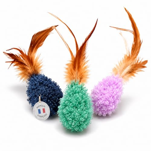 Chatterie DL – Lot de 3 Jouets pour Chat en Laine avec Plumes Naturelles & Clochette, Jouet Interactif Chat, Stimule l’Instinct de Chasse, Marque Française