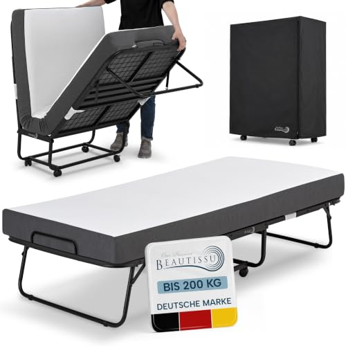 Beautissu Cama Plegable Auxiliar con colchón Espuma viscoelástica Adultos | 90x200cm de 13cm para hasta 200 kg freno funda ahorro espacio Ruedas invitados supletoria invitados Traumkraft D