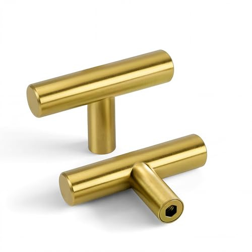 LONTAN 10 Pack Drawer Knobs Gold Kitchen Cabinet Door Knobs Single Hole Brass Drawer Handles T-Bar Stainless Steel for Cupboard Cabinet Drawer