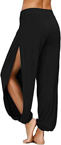 ASKSA Damen Hochschlitzige Haremshose Frauen Hippie Split Sport Hose Fitness Stretchhose Loose Fit Yogahose Sporthose (Schwarz,XXL)