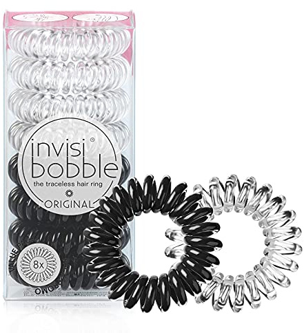 invisibobble Original Traceless Spiral Hair Ties - Pack of 8, Crystal Clear and True Black- Strong Elastic Grip Coil Accessories for Women - Non Soaking - Gentle for Girls Teens and Thick Hair
