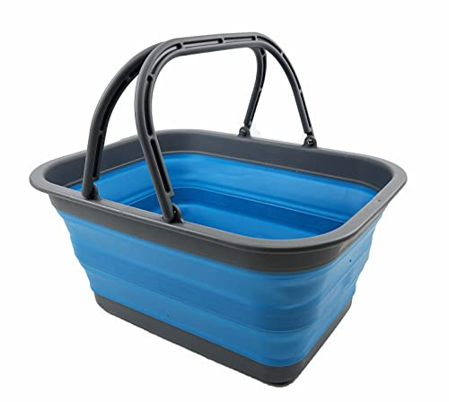 SAMMART 12L zusammenklappbare Wanne mit Griff – tragbarer Outdoor-Picknickkorb/Krater – Faltbare Einkaufstasche – platzsparender Aufbewahrungsbehälter (Grau/Ceerulean)