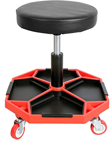 Torin ATRXF8308B Pneumatic Mechanic Stool/Rolling Shop Creeper Seat with Adjustable Height and 4 Removable Tool Trays, 300 lb Capacity, Black/Red