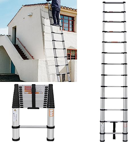 Qimu Telescoping Ladder Aluminium Extension Ladder Heavy Duty Multi-Purpose Non-Slip Folding Portable EN131 Standard Collapse RV Ladder Safety Ladder Home 330lb/150kg Capacity 3.8M/12.5FT, Black