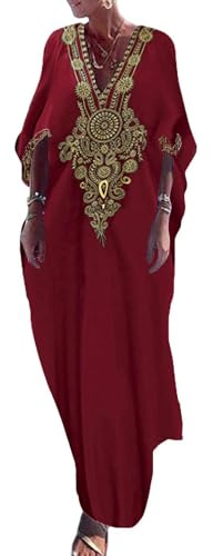 Bsubseach Bordado de Oro Largo Kaftan Vestidos Cuello en V Caftan Vestido de Playa Cover Ups para Mujer Granate