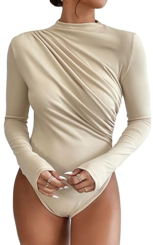 SweatyRocks Women's Bodysuit Mock Neck Casual Ruched Long Sleeve Jumpsuit Apricot L