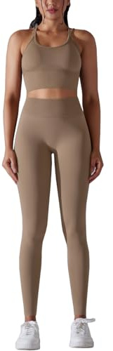 dohomiryo Donna Set di Abbigliamento Yoga Reggiseno Sportivo+Leggings 2 Pezzi Tuta da Ginnastica Activewear Khaki S