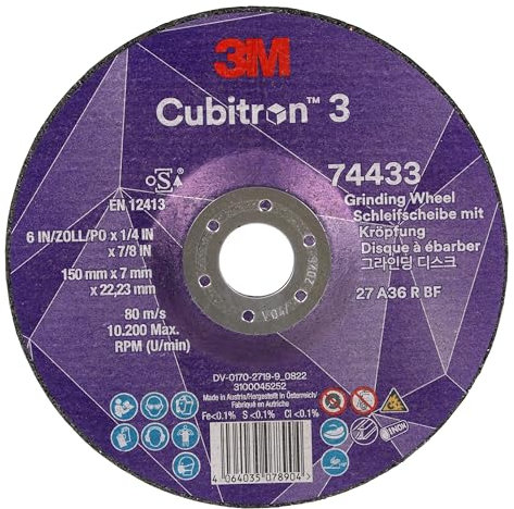 3M Cubitron 3 Disco de Desbaste con Centro Hundido, 74433, 36+, T27, 150 mm x 7 mm x 22.23 mm, Especial para Ranurado EN, Paquete de 10 Unidades