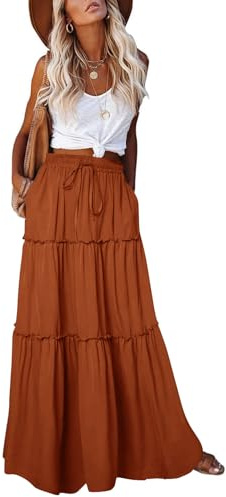 EARKOHA Womens Casual High Waist Tie Paisley Print Long Maxi Skirt with Pockets, Solid-caramel, XXL