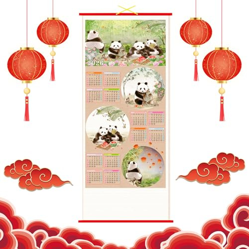Calendrier du Nouvel An Chinois 2026 Année de Cheval Chine Panda Défilement Mural Calendriers Suspendu Calendrier Chinois 熊貓 Familial Décoration Intérieure pour Journalier Planificateur Home Office