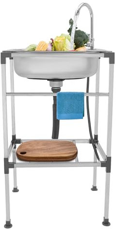 OUKANING Fristående rostfritt stål diskbänk gastro, 1 handfat, lastkapacitet 60 kg, multifunktionellt tvättställsset med hylla + kran + 4 halkfria fötter (48 x 35 x 83 cm, endast kall)