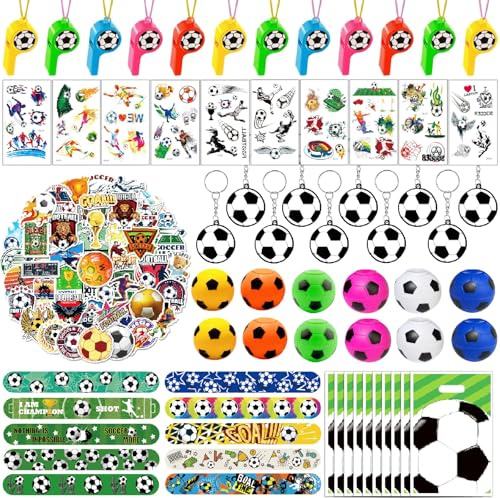 Seamart 114 piezas Artículos de Fiesta Fútbol de Cumpleaños, Regalos para Niños, Relleno Piñata de Cumpleaños con Llavero Futbol, Silbato, Bolsa de Regalo, Fútbol Gyro