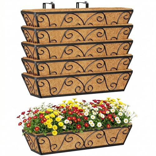 HFHOME Set of 6 60.9cm/24in Wall Trough Rail Planters, Metal Butterfly Planter Box with Coco Liner, Long Flowerpot for Railing Window Box Porch Balcony & Outdoor Fences