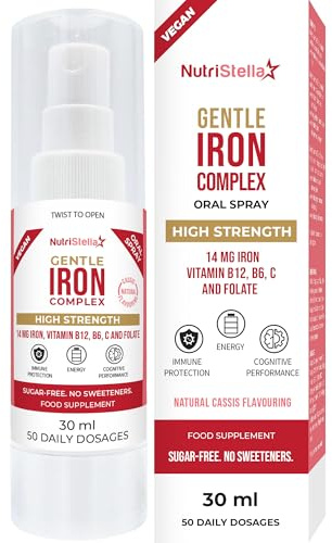 NutriStella Iron Spray - 14mg - B12 - B6 - Folate - VIT C - 50 Doses - Gentle on The Stomach - High Strength - Fast - Easy - Immunity - Combats Triedness and Fatigue - Natural Black Currant Flavour