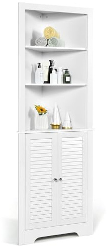 FANTASK Hochschrank Badschrank Holz, Badezimmerschrank Ecke mit 3 offenen Regalen & 2 Lamellentür, Aufbewahrungsschrank, Eckschrank Bad für Badezimmer, Küche & Wohnzimmer, 45 x 45 x 173cm (weiß)