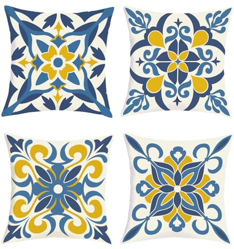 Joymaison Fundas Cojines 45x45 Juego de 4 Floral Azul Mandala Marroquí